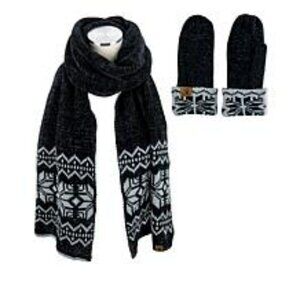 New! Bearpaw Fair Isle Chenille Scarf Mitten Set Black/Gray